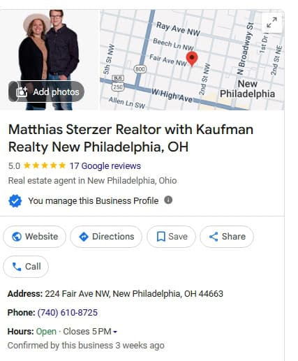This is a Screenshot of Google Reviews from Matthias Sterzer the German Realtor with Kaufman Realty in New Philadelphila, ohio